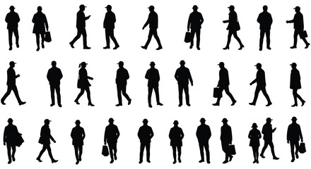 Collection of silhouetted people in various poses and walking motions
