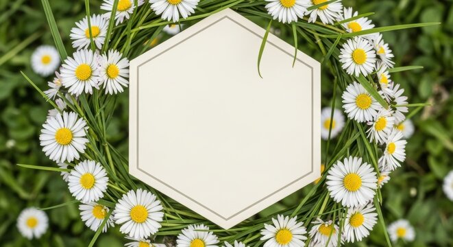 Daisy flower wreath with blank hexagon card showcasing springtime nature perfect for invitations