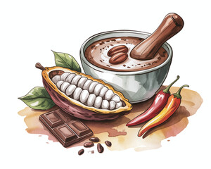 Watercolor Illustration of Chocolate, Cocoa, Chilies, and Ingredients