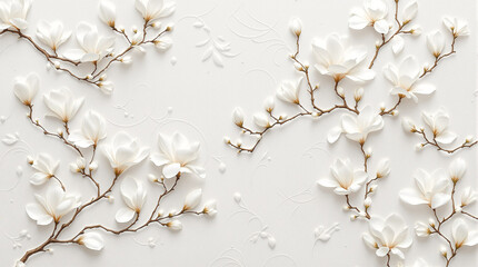 Magnolia wallpaper with blooming white flowers. Elegant mural with 3D embossed branches and buds. Abstract botanical illustration for art prints.