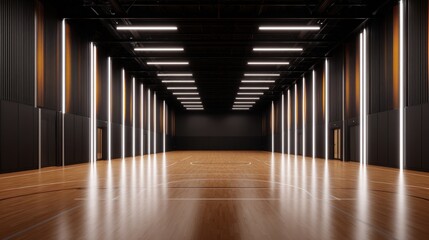 Modern indoor basketball court featuring sleek lighting and polished wooden floor, ideal for sports events