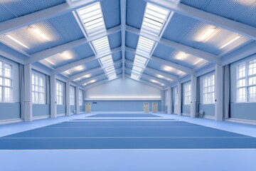 Spacious indoor gymnasium with blue flooring, large windows, and bright overhead lighting, ideal for sports