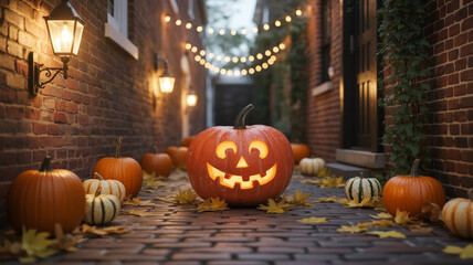 Fototapeta premium Carved Jack O Lantern and Pumpkins in Brick Alleyway