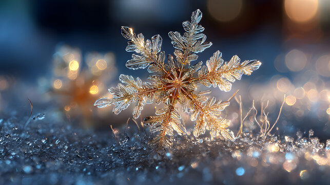 Golden snowflake dances under frosty luminescence, evoking Winter Solstice celebration and delicate art of frost flower crystallography