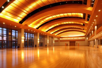 Spacious indoor hall with wooden flooring and warm lighting, ideal for events and gatherings
