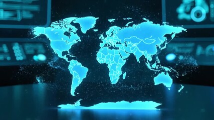 Futuristic glowing world map animation with digital interface elements for global business, technology and innovation projects - Powered by Adobe