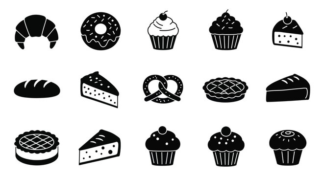 A collection of various black and white bakery items and sweets