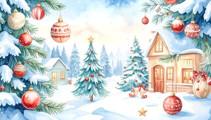 Watercolor Christmas village scene with snow-covered trees and decorations