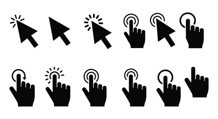 Collection of black hand cursor icons displaying various clicking actions