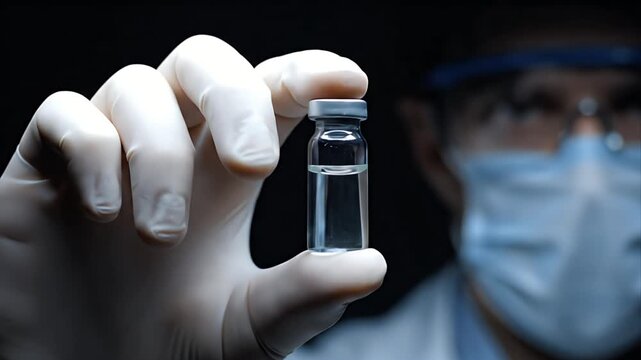 Scientist in protective gear holding vial of vaccine for research and medical development concept