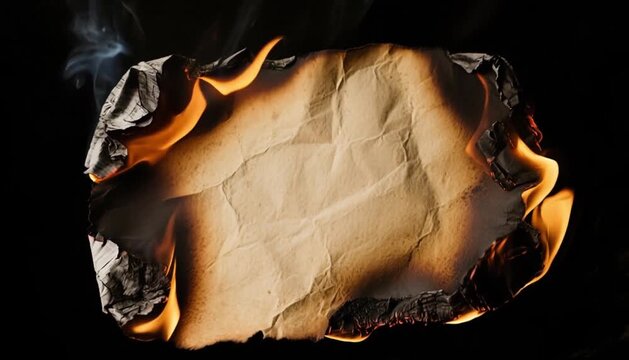 Burnt paper with edges glowing and smoke on black background  