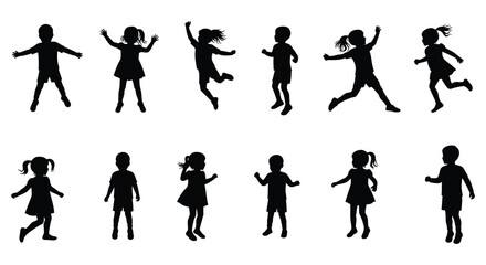 Naklejka premium Joyful silhouettes of children playing and jumping in a cheerful scene