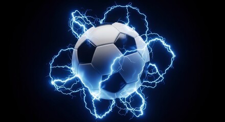 Fototapeta premium A classic soccer ball with white and black panels encircled by vivid blue electrical discharges against a dark stark background