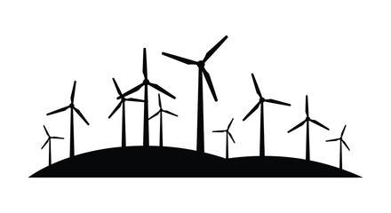 A minimalist scene of multiple wind turbines on rolling hills