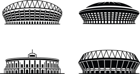 Stadium silhouette vector, round parliament building illustration, sports arena design, circular architecture landmark, modern dome structure, government parliament art, football stadium icon © Lotus