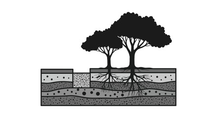 Illustration of trees with visible root systems and soil layers below