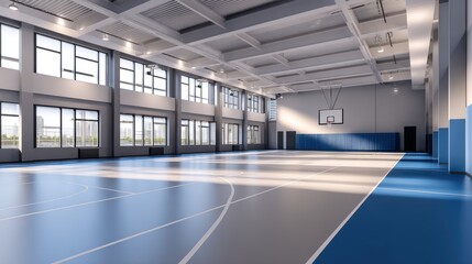 Spacious modern gymnasium featuring polished floors and large windows with natural light streaming in