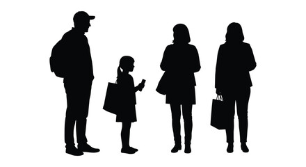 Silhouette of a family with shopping bags standing together outdoors