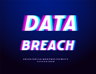 Vector Trendy logo Data Breach. Glitched style Font. Digital Error Alphabet Letters and Numbers set.