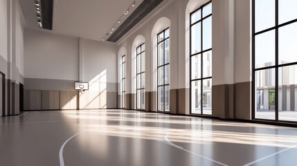 Spacious indoor basketball court with natural light streaming through large windows, ideal for sports activities