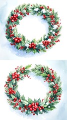 Watercolor Christmas wreaths on snow