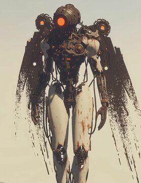 Futuristic walking angel robot with mechanical wings and a glowing eye