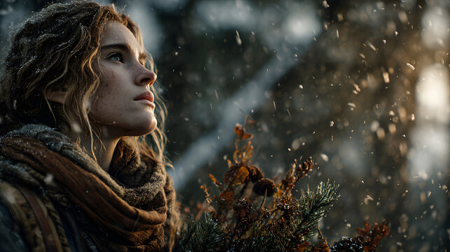 A solitary figure gathering natural elements in a snowy forest for winter solstice celebration at dusk