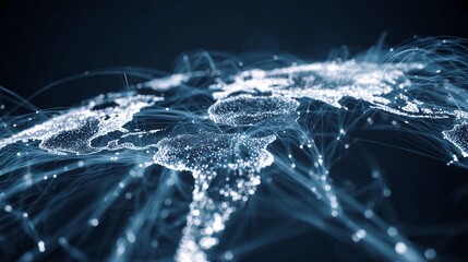 Abstract digital world map with glowing connections and dark background representing global network