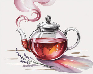 A delightful watercolor illustration capturing the warmth of a steaming herbal tea in a glass teapot with lavender sprigs