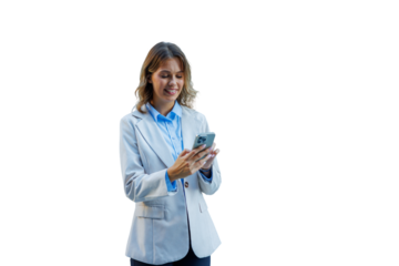 Businesswoman standing, looking at mobile phone screen, smiling. Using smartphone for texting, chatting, and social media. Transparent background