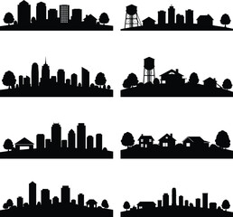 City and village skyline silhouette vector set, urban skyscraper outline, rural house design, suburban neighborhood shape, landscape with trees, water tower illustration