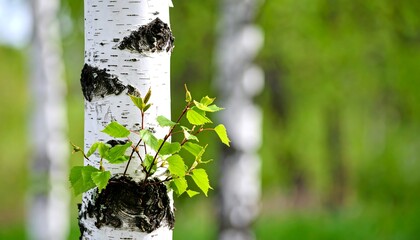 Birch Tree Trunk with New Growth.