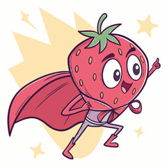 Cartoon strawberry superhero with a cape