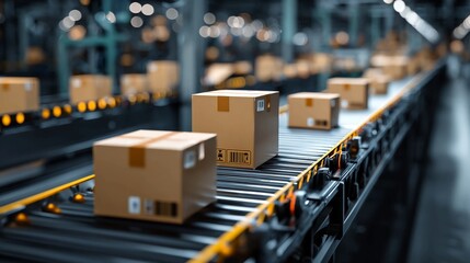 Boxes moving on a conveyor belt in a warehouse ready for shipping and distribution process automation