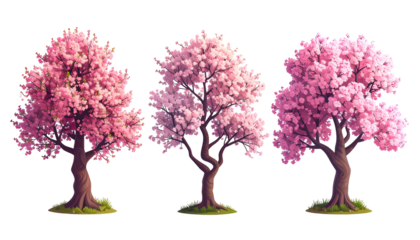 Three stylized cherry blossom trees, differing slightly in bloom intensity