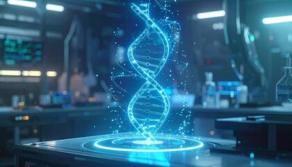 3D holographic DNA strand floating above a lab table, glowing neon blue with digital particles