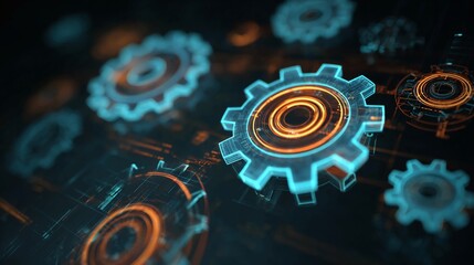 Futuristic gears floating with orange and blue glowing lights in a dark abstract background design