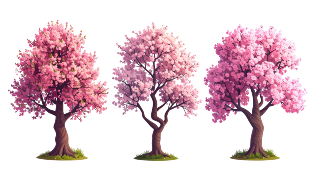 Three stylized cherry blossom trees, differing slightly in bloom intensity