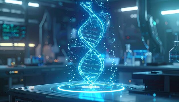 3D holographic DNA strand floating above a lab table, glowing neon blue with digital particles - Powered by Adobe