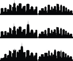 Naklejka premium City skyline silhouette, urban skyscraper outline vector, modern cityscape illustration, metropolitan skyline design, downtown building silhouette, architecture landmark