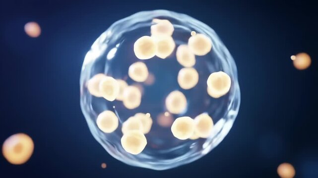 Microscopic view of glowing orange cells within a transparent membrane against a dark blue background. The cells are clustered together and appear to emit a soft light.