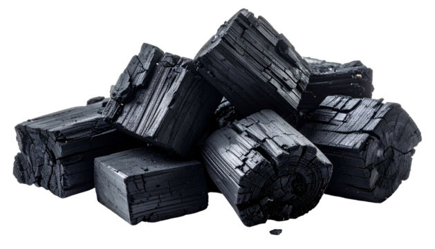 Dark, charcoal-like blocks piled