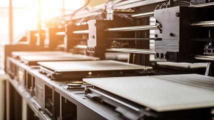 Industrial printing machines in operation with paper sheets aligned on conveyor system