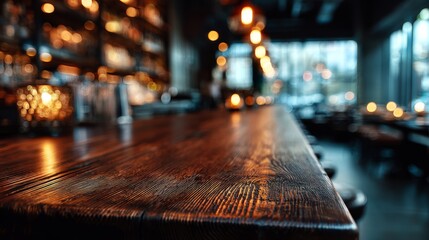 Dark walnut tabletop with blurred upscale bar background