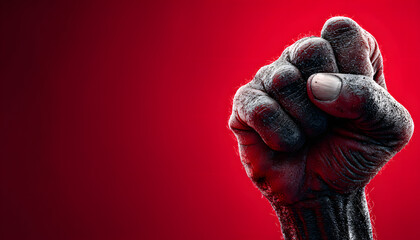 Strong fist on red backdrop. Concept of solidarity, resistance, determination. Symbol of power, revolt, social justice. Ideal for themes like Cesar Chavez Day, Labor movement, Human rights awareness.