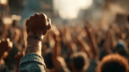 Raised fists in juneteenth and african liberation day celebration, Powerful Raised Fist: Unity and Protest in the Crowd