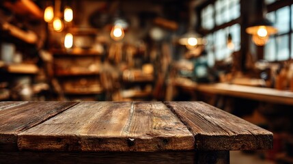 Vintage wood table with artisan workshop interior. Blurred background