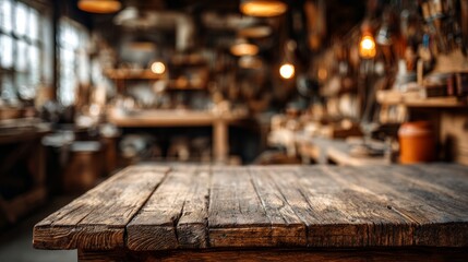 Vintage wood table with artisan workshop interior. Blurred background