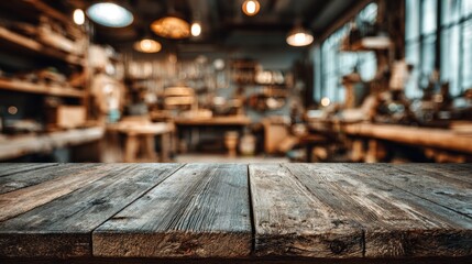 Vintage wood table with artisan workshop interior. Blurred background