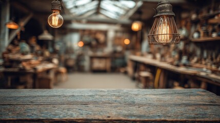 Vintage wood table with artisan workshop interior. Blurred background
